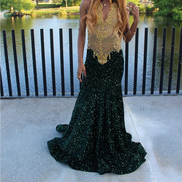 Gold And Emerald Green Dress Green Fancy Long Sleeve Dresses Chic Emerald  Green Long Gold